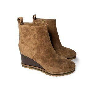 Tory Burch Suede Logo Lug Sole Wedge Boot in Beige